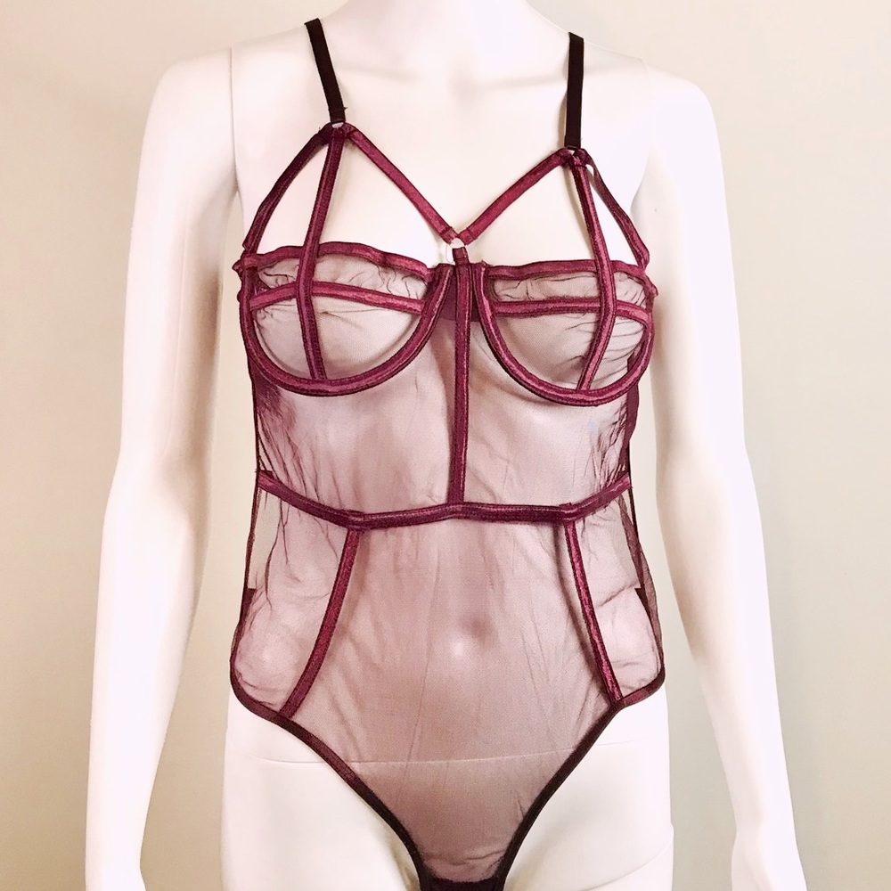 Women's Cut Out Mesh Lingerie Body Suit in Burgundy Red Stretchable Size Large